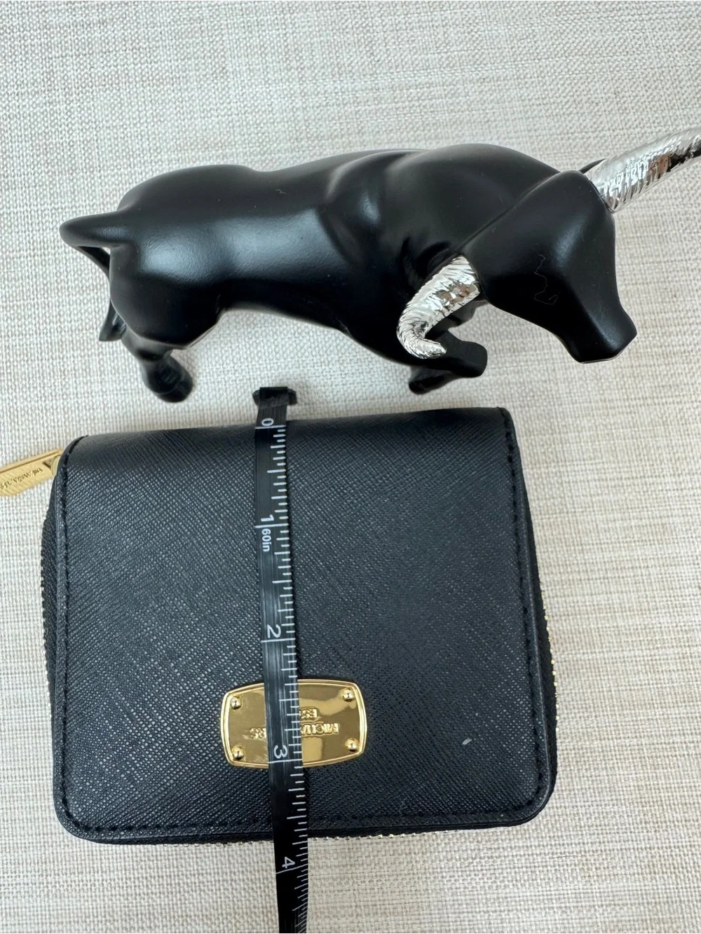 Michael Kors Black Saffiano Leather Compact Zip Wallet with Gold Plate
